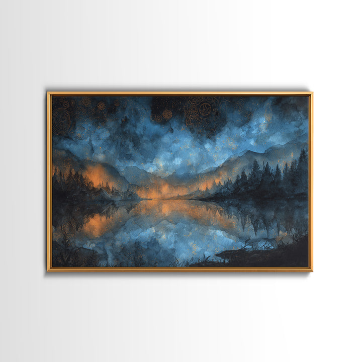 The Mirror Lake Of Lost Constellations, Cosmic Horror Decor, Landscape Wall Art, Framed Canvas Print, Halloween Home Decor, Gothic Wall Art