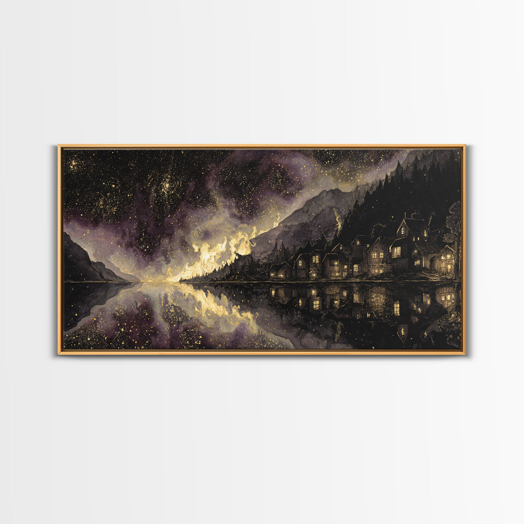 The Mirror Lake Of Lost Constellations, Macabre Halloween Art, Wide Panoramic Art, Canvas Print, Halloween Home Decor, Gothic Wall Art