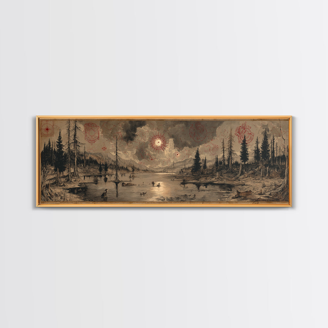 The Mirror Lake Of Lost Constellations, Occult Wall Decor, Extra Wide Wall Art, Framed Canvas Print, Halloween Home Decor, Gothic Wall Art