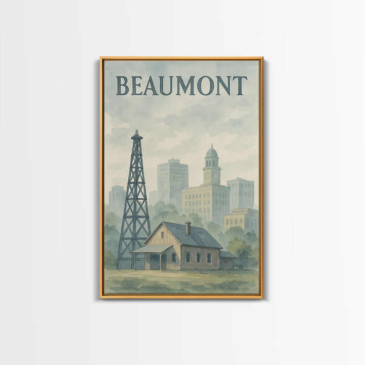 Beaumont Texas Travel Poster, Canvas Print, Painted Travel Poster Art, Beaumont Travel Art, Watercolor Urban Skyline, Living Room Wall Art