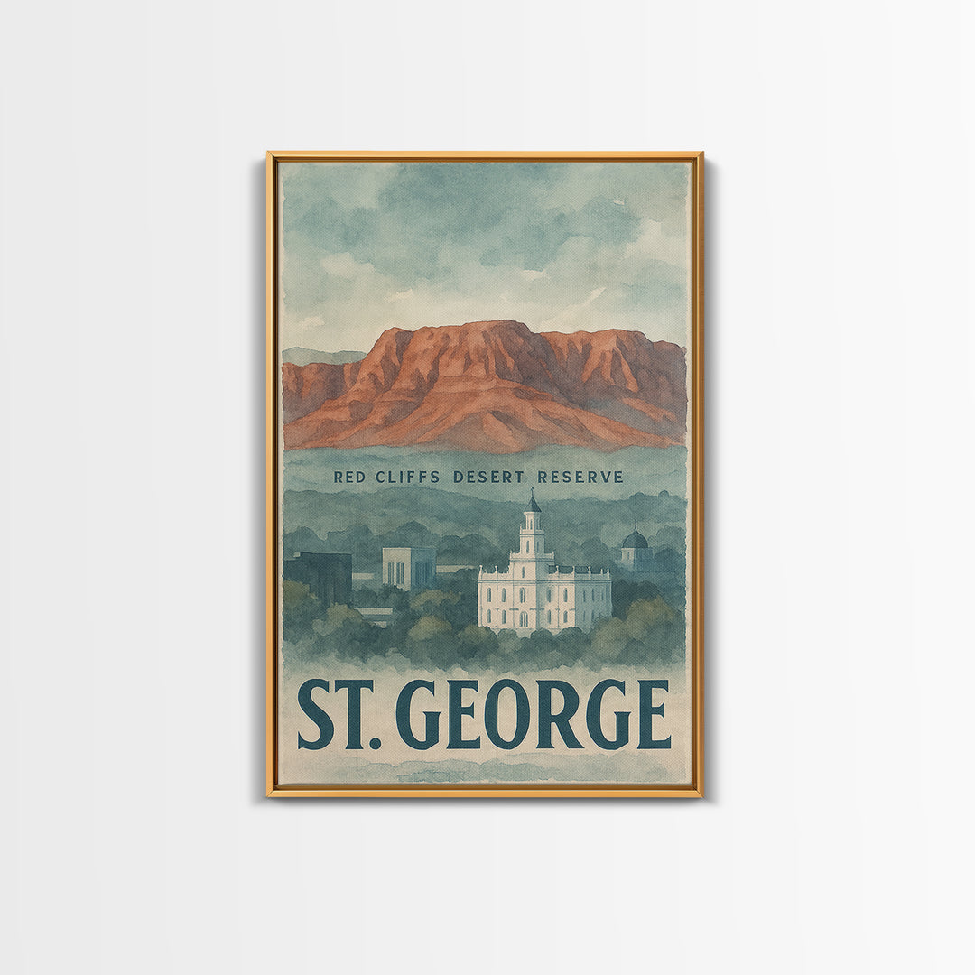 St George Travel Poster, Framed Canvas Print, Watercolor Cityscape Wall Art, St George City Art, Travel Poster Art, Watercolor Cityscape