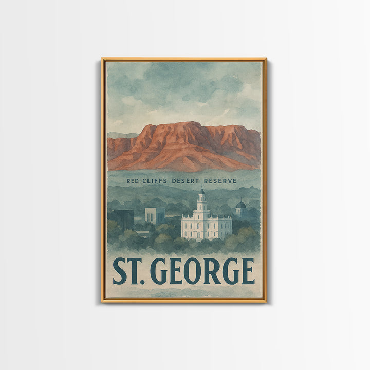 St George Travel Poster, Framed Canvas Print, Watercolor Cityscape Wall Art, St George City Art, Travel Poster Art, Watercolor Cityscape