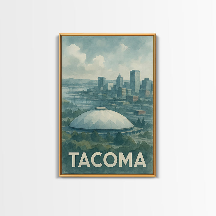 Tacoma Washington Travel Poster, Framed Canvas Print, Soft Watercolor Travel Art, Tacoma Wall Art, Travel Poster Art, Watercolor Skyline Art