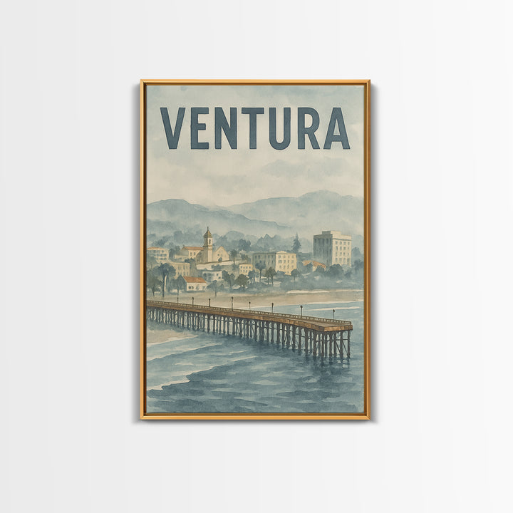 Ventura California Travel Poster, Framed Canvas Print, Soft Watercolor Travel Art, Ventura Wall Art, City Illustration, Travel Poster Set