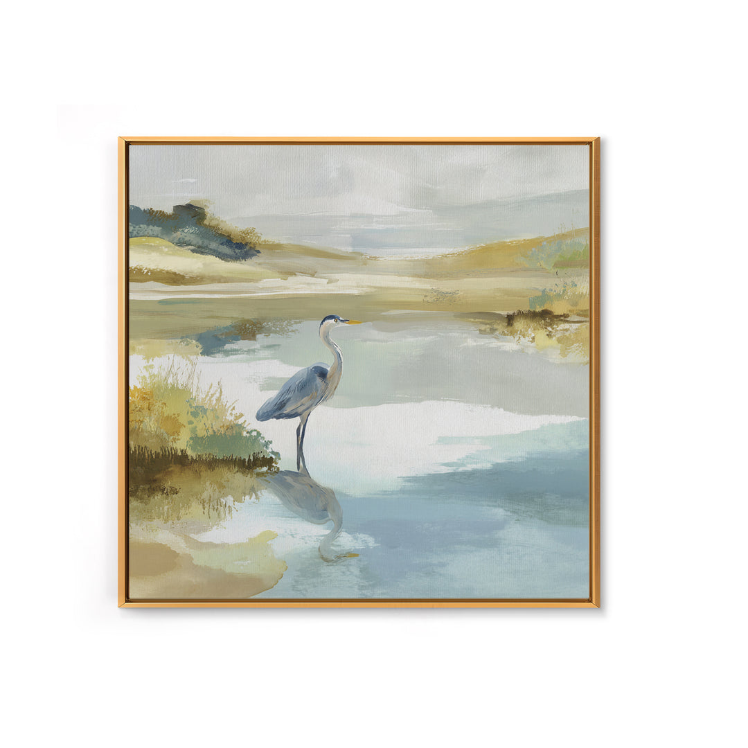 Blue Heron in Quiet Marsh Framed Canvas Print, Waiting Room Art, Wall Decor, Waiting Room Decor, Calm, Minimalist Wall Art, WRA-1x1-12