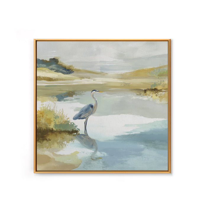 Blue Heron in Quiet Marsh Framed Canvas Print, Waiting Room Art, Wall Decor, Waiting Room Decor, Calm, Minimalist Wall Art, WRA-1x1-12