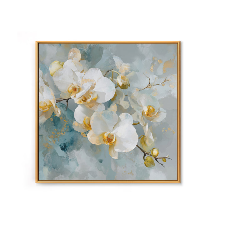 White Orchid on Light Gray Ground Framed Canvas Print, Waiting Room Art, Fine Art Print, Waiting Room Decor, Oil Painting, Calm, WRA-1x1-79