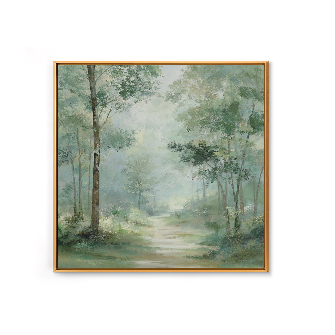 Misty Forest Path Framed Canvas Print, Waiting Room Art, Statement Artwork, Waiting Room Decor, Oil Painting, Calm, Wall Decor, WRA-1x1-83