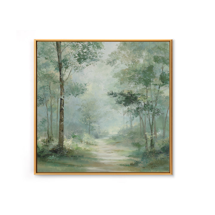 Misty Forest Path Framed Canvas Print, Waiting Room Art, Statement Artwork, Waiting Room Decor, Oil Painting, Calm, Wall Decor, WRA-1x1-83