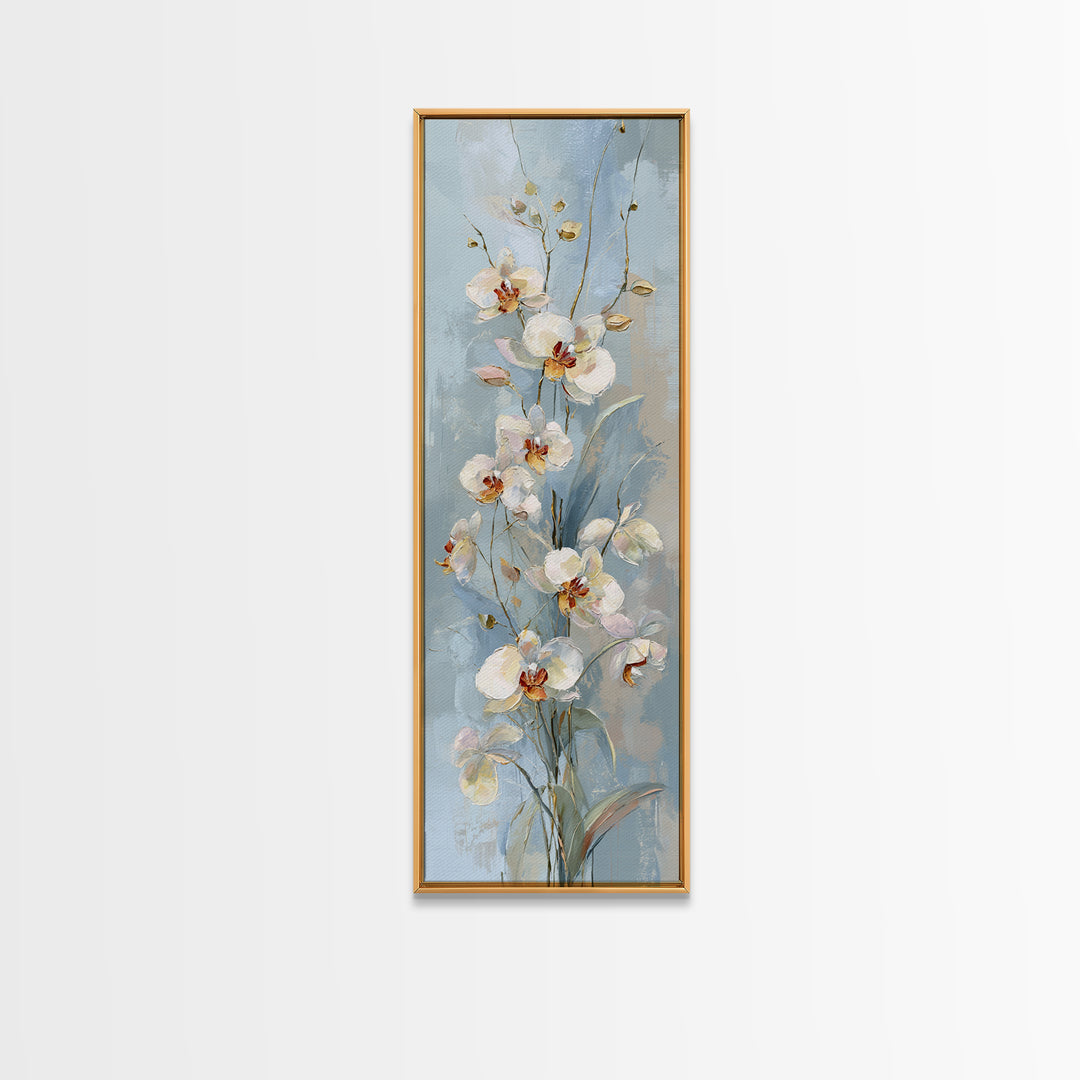White Orchid on Light Gray Ground Framed Canvas Print, Waiting Room Art, Minimalist Art, Waiting Room Decor, Oil Painting, Calm, WRA-1x3-91