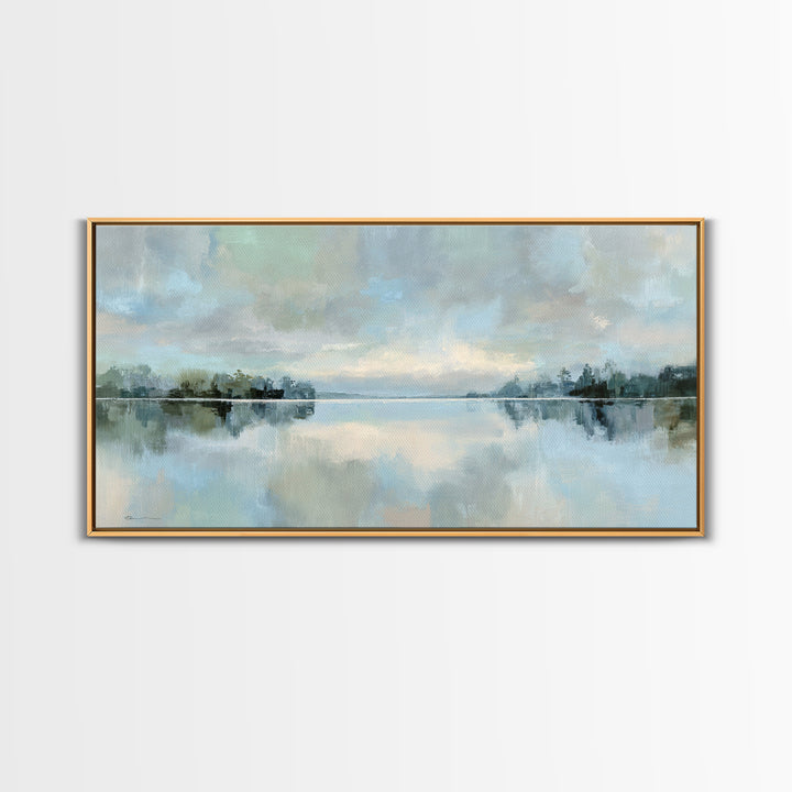 Peaceful Lake Reflection at Dawn Framed Canvas Print, Waiting Room Art, Waiting Room Decor, Oil Painting, Calm, WRA-2x1-24