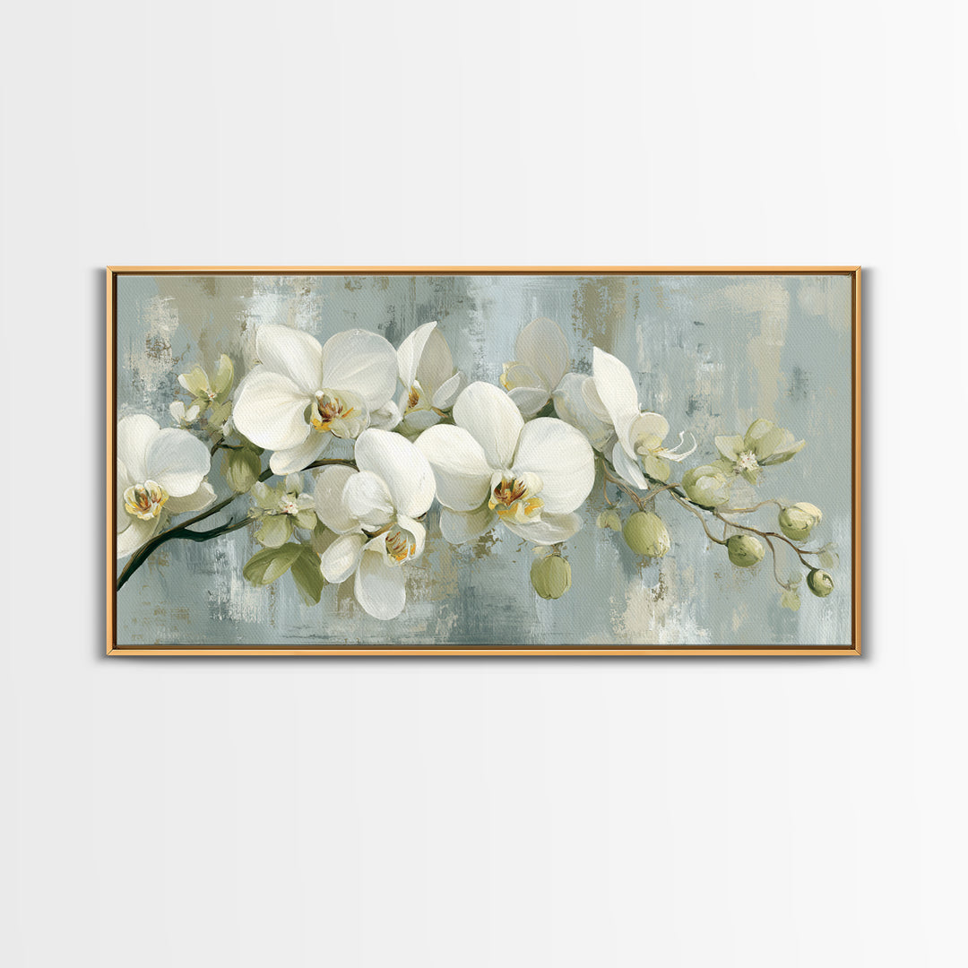 White Orchid on Light Gray Ground Framed Canvas Print, Waiting Room Art, Fine Art Print, Waiting Room Decor, Oil Painting, Calm, WRA-2x1-27