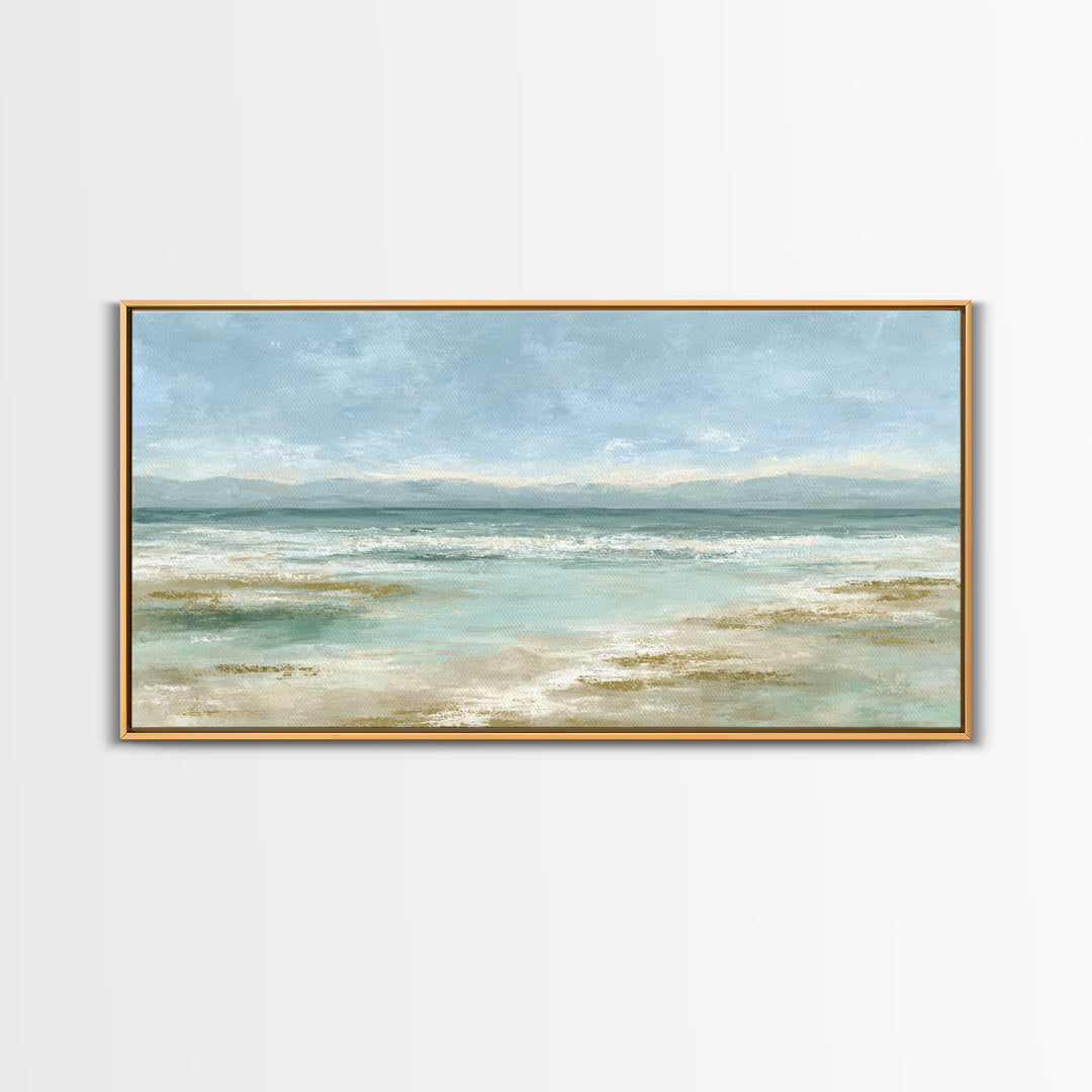 Coastal Horizon with Pale Sand and Water Framed Canvas Print, Waiting Room Art, Art, Waiting Room Decor, Fine Art, Calm, WRA-2x1-29