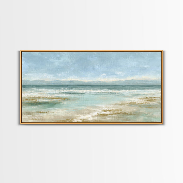 Coastal Horizon with Pale Sand and Water Framed Canvas Print, Waiting Room Art, Art, Waiting Room Decor, Fine Art, Calm, WRA-2x1-29