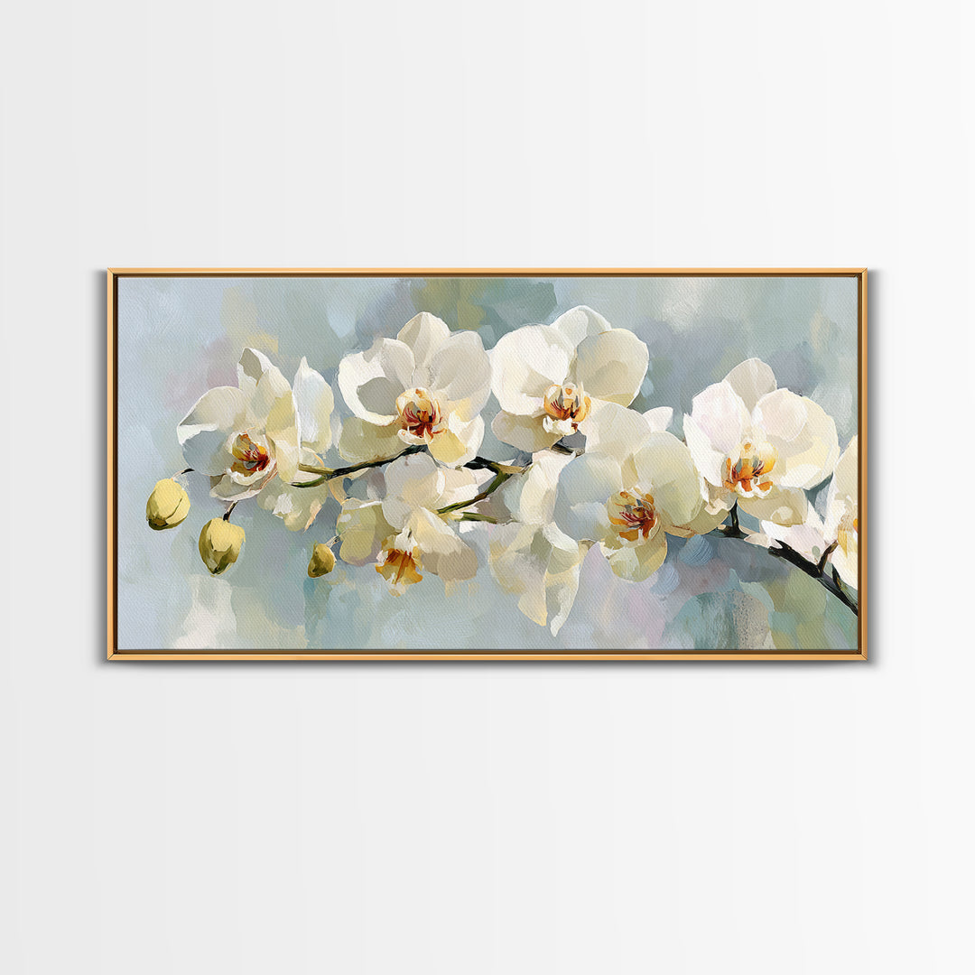 White Orchid on Light Gray Ground Framed Canvas Print, Waiting Room Art, Wall Sculpture, Waiting Room Decor, Fine Art, Calm, WRA-2x1-3
