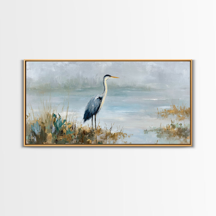 Blue Heron in Quiet Marsh Canvas Print, Waiting Room Art, Waiting Room Decor, Oil Painting, Calm, Living Room Wall Art, WRA-2x1-32