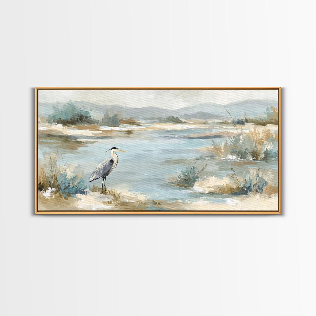 Blue Heron in Quiet Marsh Framed Canvas Print, Waiting Room Art, Office Decor, Waiting Room Decor, Calm, Gallery Wall Art, WRA-2x1-56