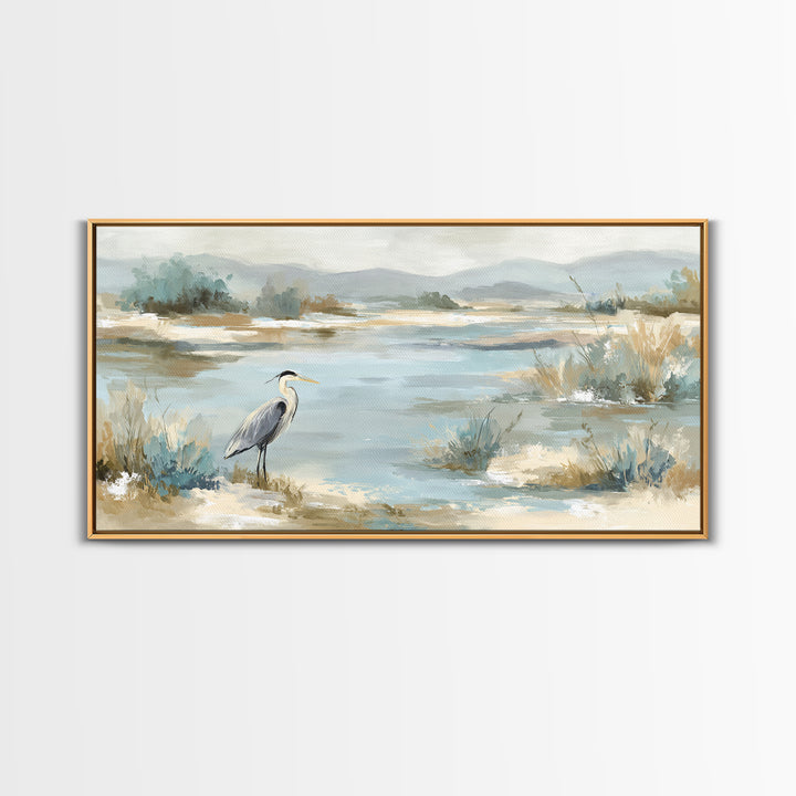 Blue Heron in Quiet Marsh Framed Canvas Print, Waiting Room Art, Office Decor, Waiting Room Decor, Calm, Gallery Wall Art, WRA-2x1-56