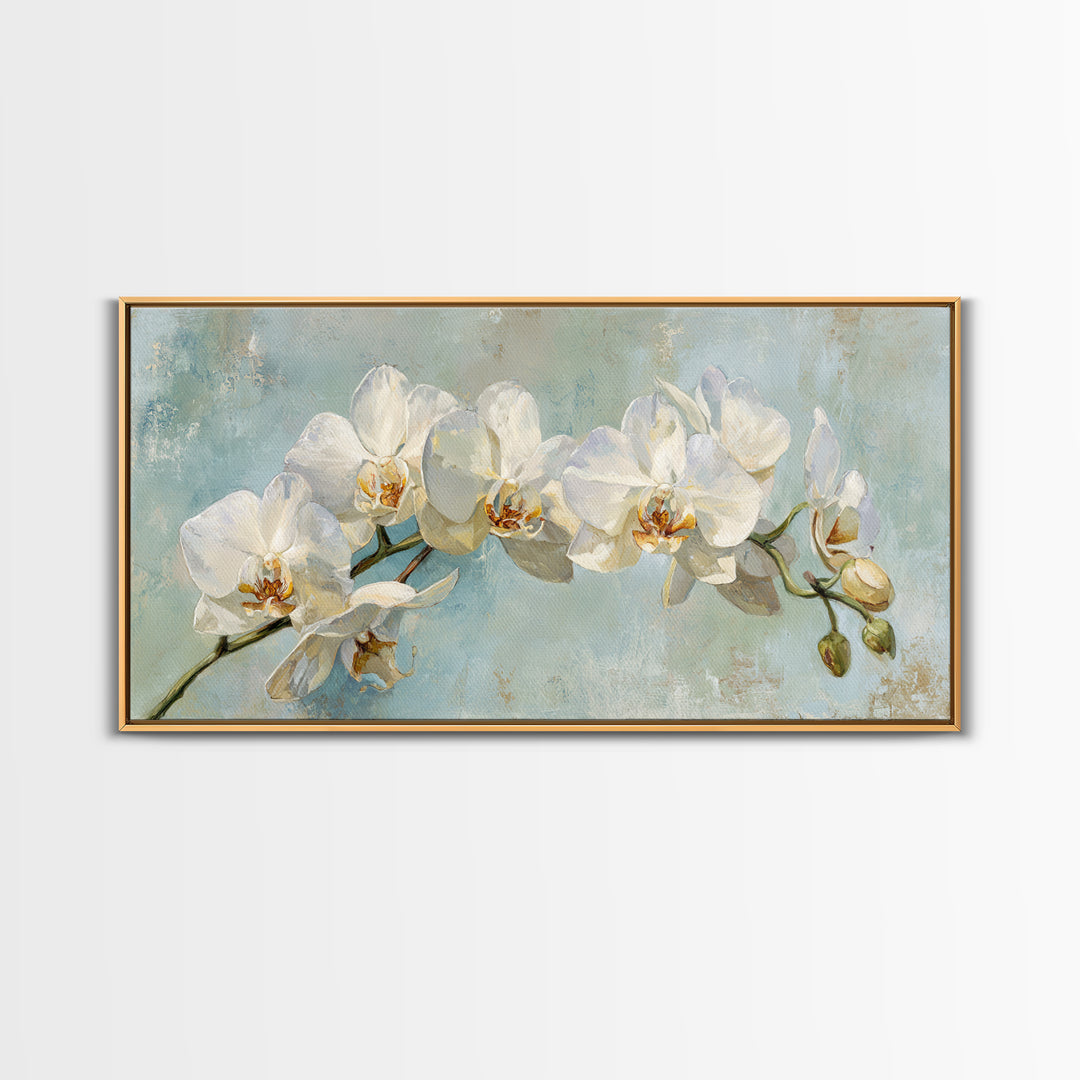 White Orchid on Light Gray Ground Framed Canvas Print, Waiting Room Art, Boho Decor, Waiting Room Decor, Fine Art, Calm, WRA-2x1-75