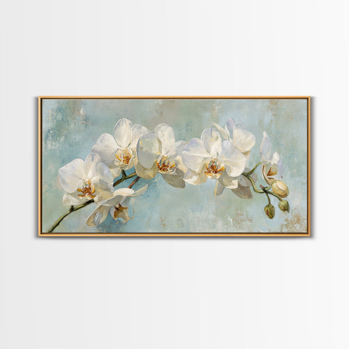 White Orchid on Light Gray Ground Framed Canvas Print, Waiting Room Art, Boho Decor, Waiting Room Decor, Fine Art, Calm, WRA-2x1-75