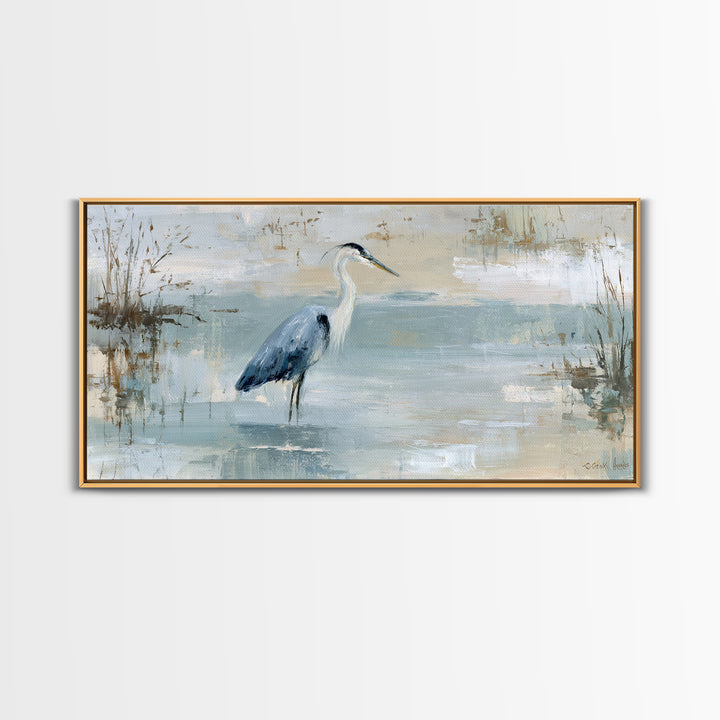Blue Heron in Quiet Marsh Framed Canvas Print, Waiting Room Art, Office Wall Decor, Waiting Room Decor, Fine Art, Calm, WRA-2x1-80