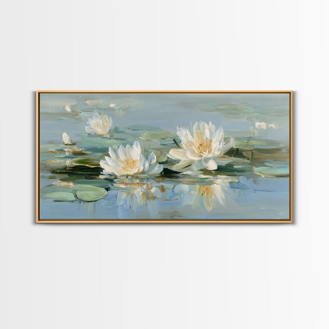 Lotus Flower on Still Water Framed Canvas Print, Waiting Room Art, Contemporary Art, Waiting Room Decor, Oil Painting, Calm, WRA-2x1-83