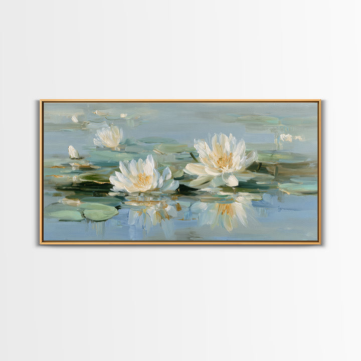 Lotus Flower on Still Water Framed Canvas Print, Waiting Room Art, Contemporary Art, Waiting Room Decor, Oil Painting, Calm, WRA-2x1-83