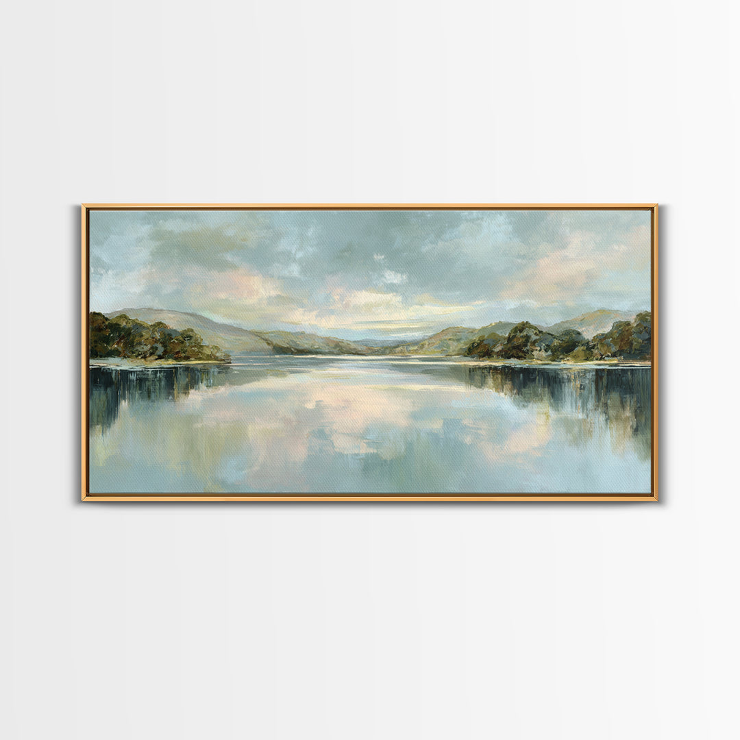 Peaceful Lake Reflection at Dawn Framed Canvas Print, Waiting Room Art, Abstract, Waiting Room Decor, Fine Art, Calm, WRA-2x1-96