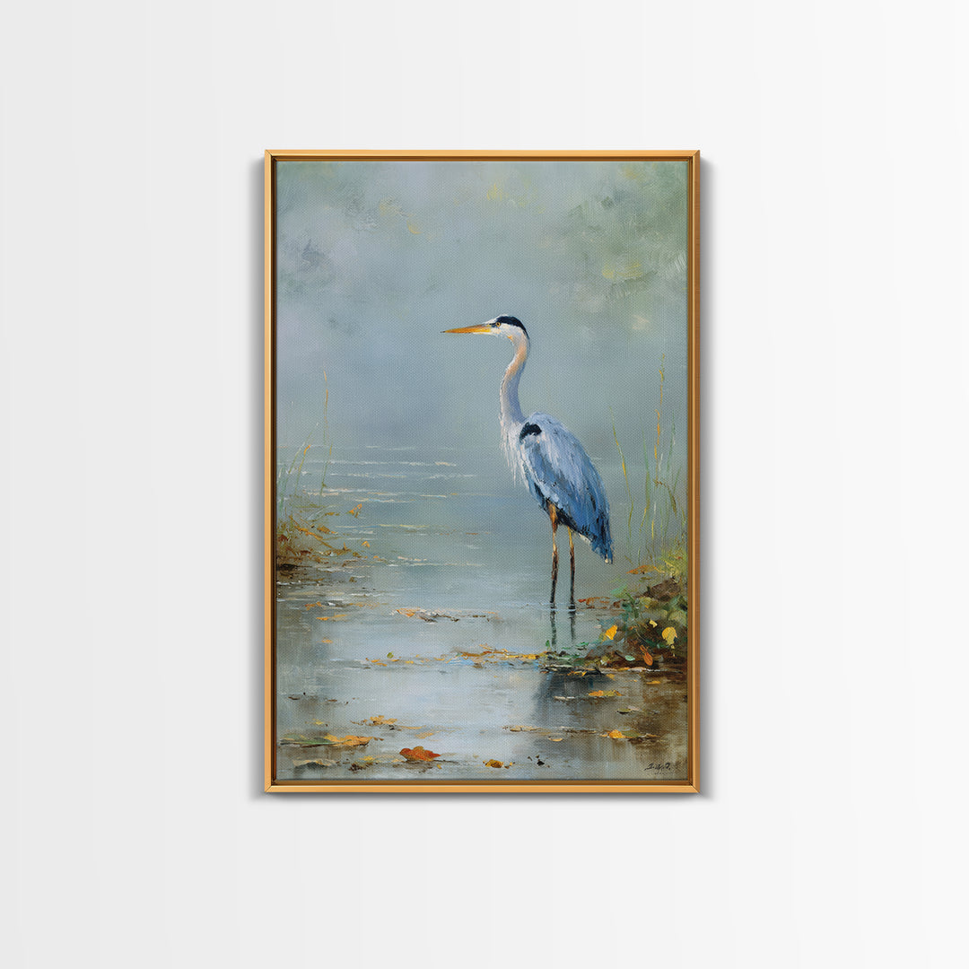 Blue Heron in Quiet Marsh Framed Canvas Print, Waiting Room Art, Original Art, Waiting Room Decor, Oil Painting, Calm, WRA-2x3-20