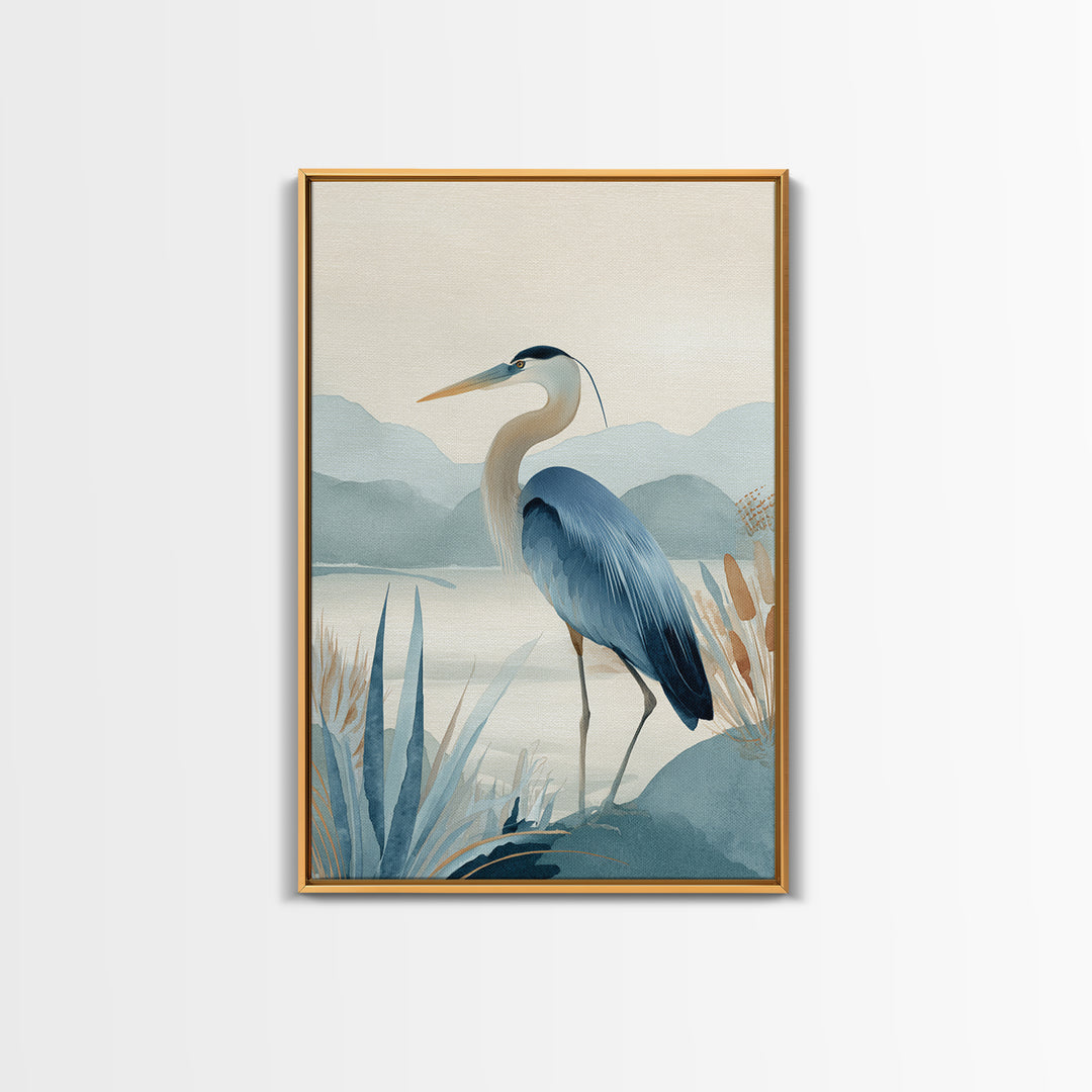 Blue Heron in Quiet Marsh Framed Canvas Print, Waiting Room Art, Fine Art, Waiting Room Decor, Watercolor Art, Calm, WRA-2x3-44