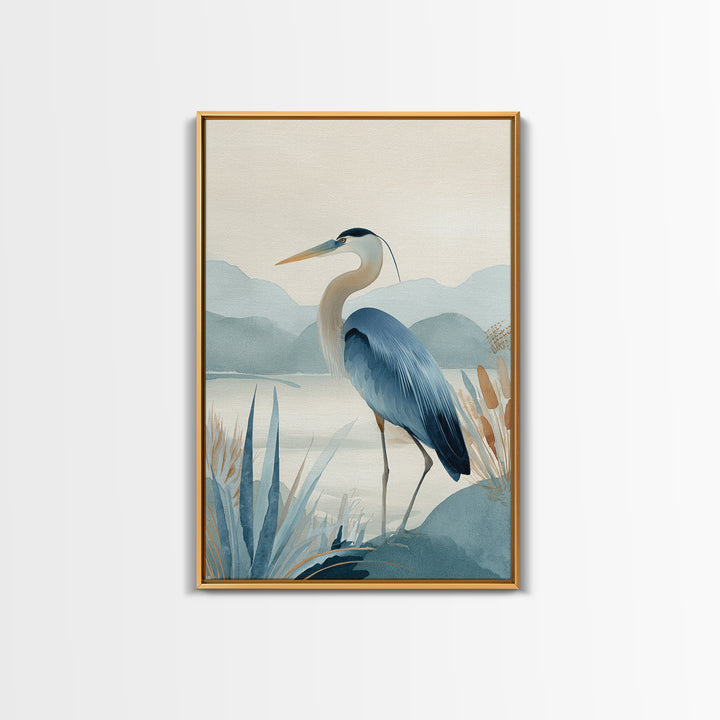 Blue Heron in Quiet Marsh Framed Canvas Print, Waiting Room Art, Fine Art, Waiting Room Decor, Watercolor Art, Calm, WRA-2x3-44