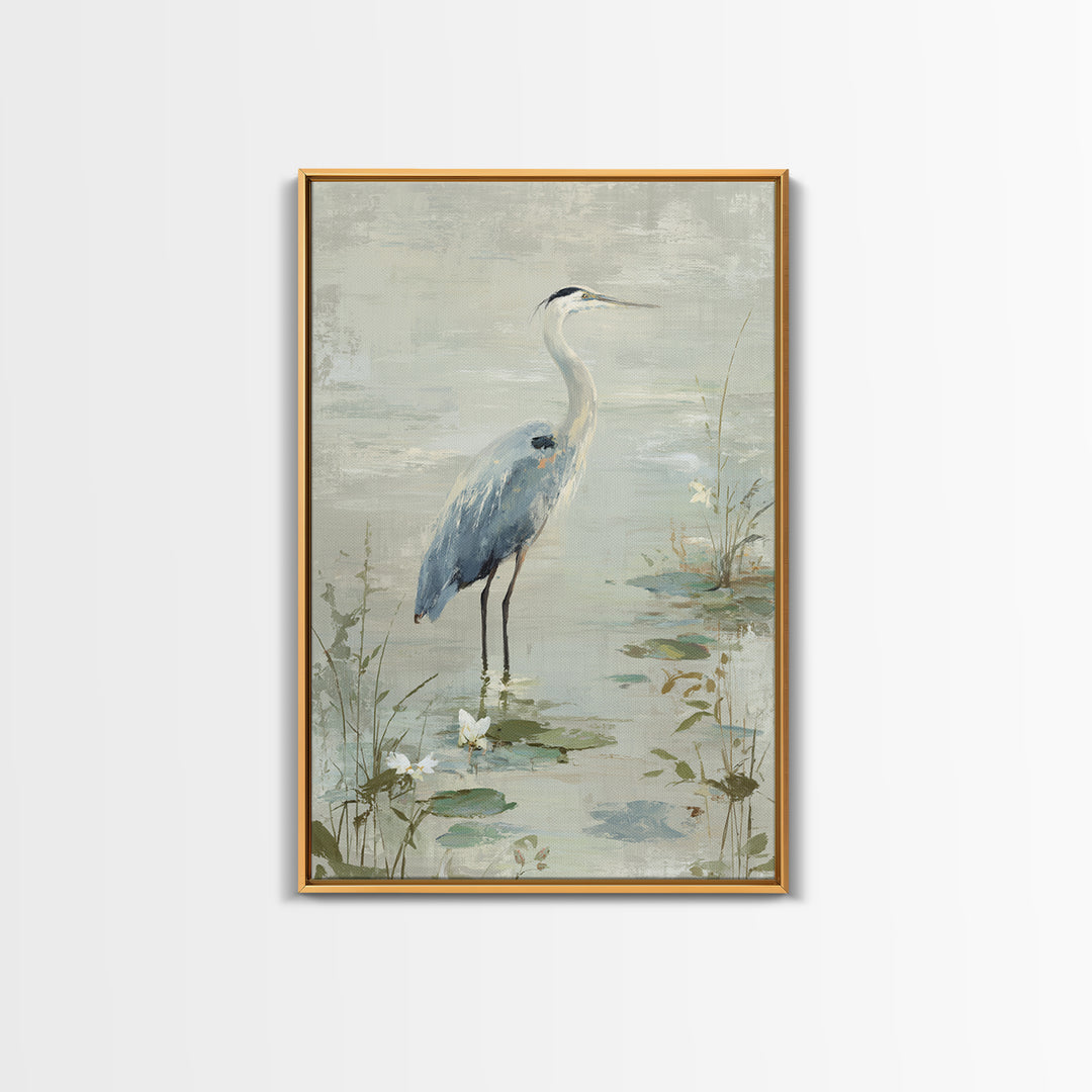 Blue Heron in Quiet Marsh Framed Canvas Print, Waiting Room Art, Bedroom Decor, Waiting Room Decor, Fine Art, Calm, Abstract, WRA-2x3-68