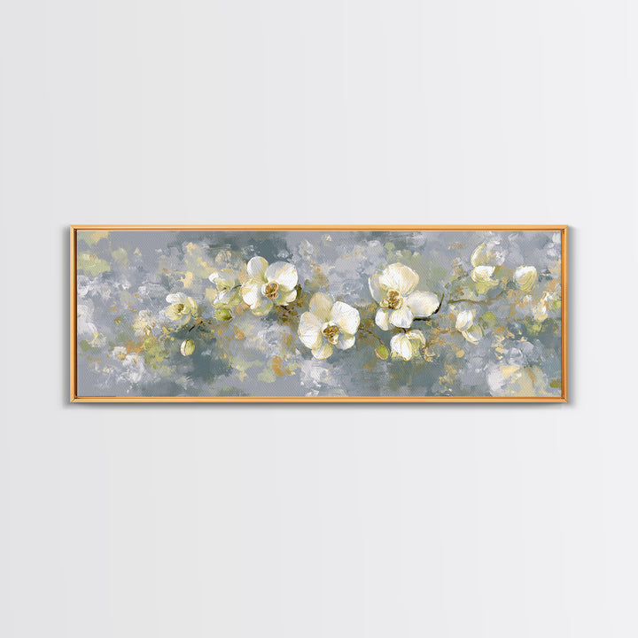 White Orchid on Light Gray Ground Framed Canvas Print, Waiting Room Art, Boho Decor, Waiting Room Decor, Fine Art, Calm, WRA-3x1-23