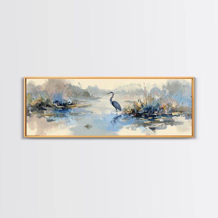 Blue Heron in Quiet Marsh Framed Canvas Print, Waiting Room Art, Dental Art, Waiting Room Decor, Oil Painting, Calm, WRA-3x1-28