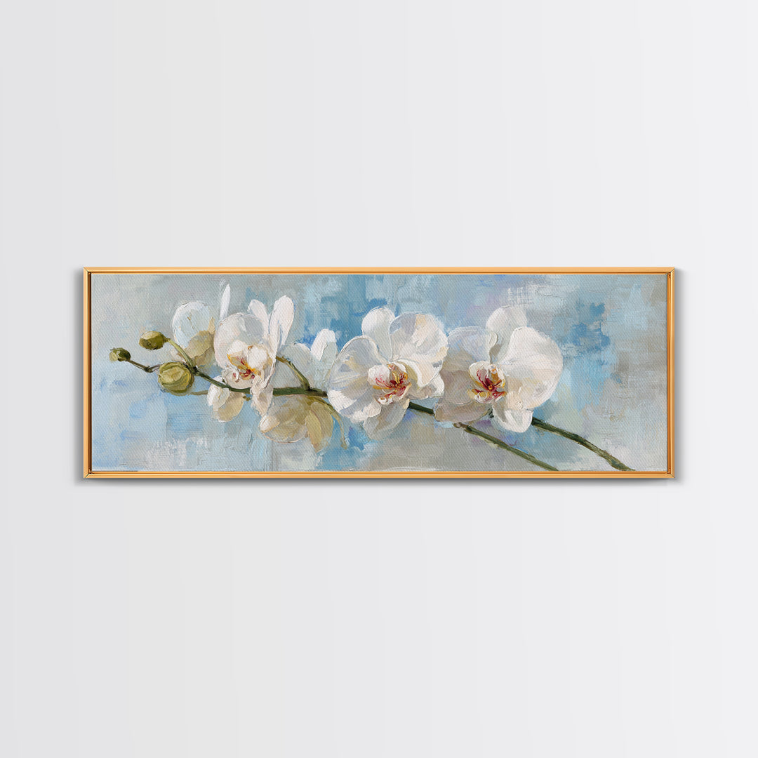 White Orchid on Light Gray Ground Framed Canvas Print, Waiting Room Art, Wall Decor, Waiting Room Decor, Oil Painting, Calm, WRA-3x1-47