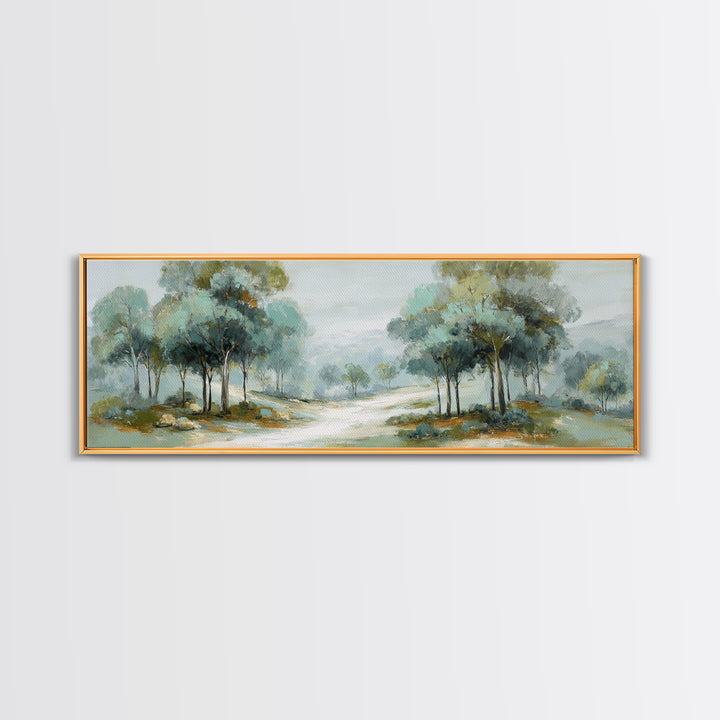 Misty Forest Path Framed Canvas Print, Waiting Room Art, Waiting Room Decor, Oil Painting, Calm, Office Wall Decor, WRA-3x1-51