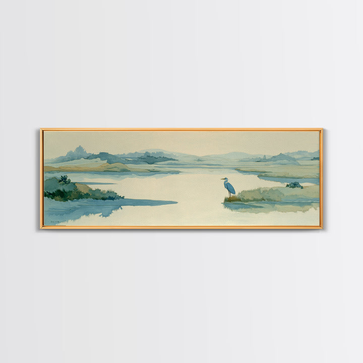 Blue Heron in Quiet Marsh Framed Canvas Print, Waiting Room Art, Room Decor, Waiting Room Decor, Abstract Art, Calm, WRA-3x1-52