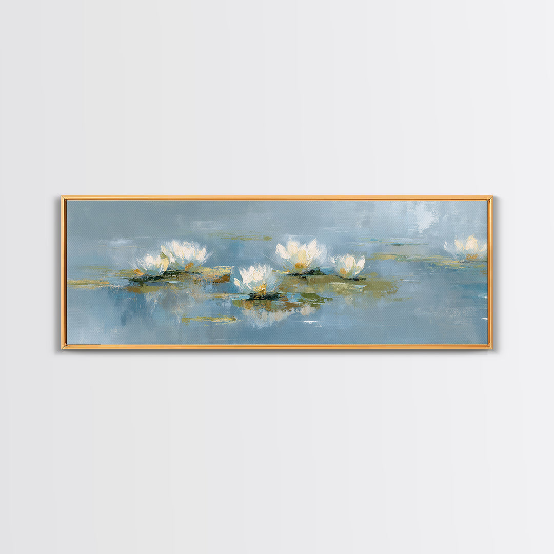 Lotus Flower on Still Water Framed Canvas Print, Waiting Room Art, Neutral Decor, Waiting Room Decor, Fine Art, Calm, WRA-3x1-7