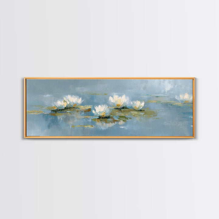 Lotus Flower on Still Water Framed Canvas Print, Waiting Room Art, Neutral Decor, Waiting Room Decor, Fine Art, Calm, WRA-3x1-7