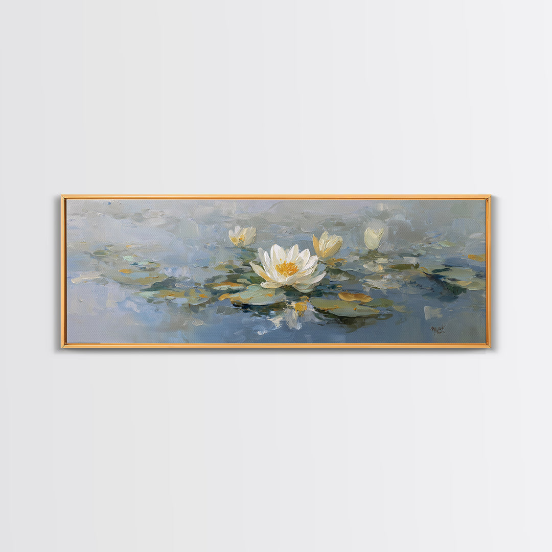Lotus Flower on Still Water Framed Canvas Print, Waiting Room Art, Wall Sculpture, Waiting Room Decor, Watercolor Art, Calm, WRA-3x1-79