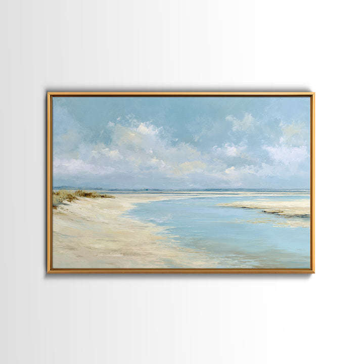 Coastal Horizon with Pale Sand and Water Framed Canvas Print, Waiting Room Art, Minimalist Wall Art, Waiting Room Decor, Calm, WRA-3x2-13