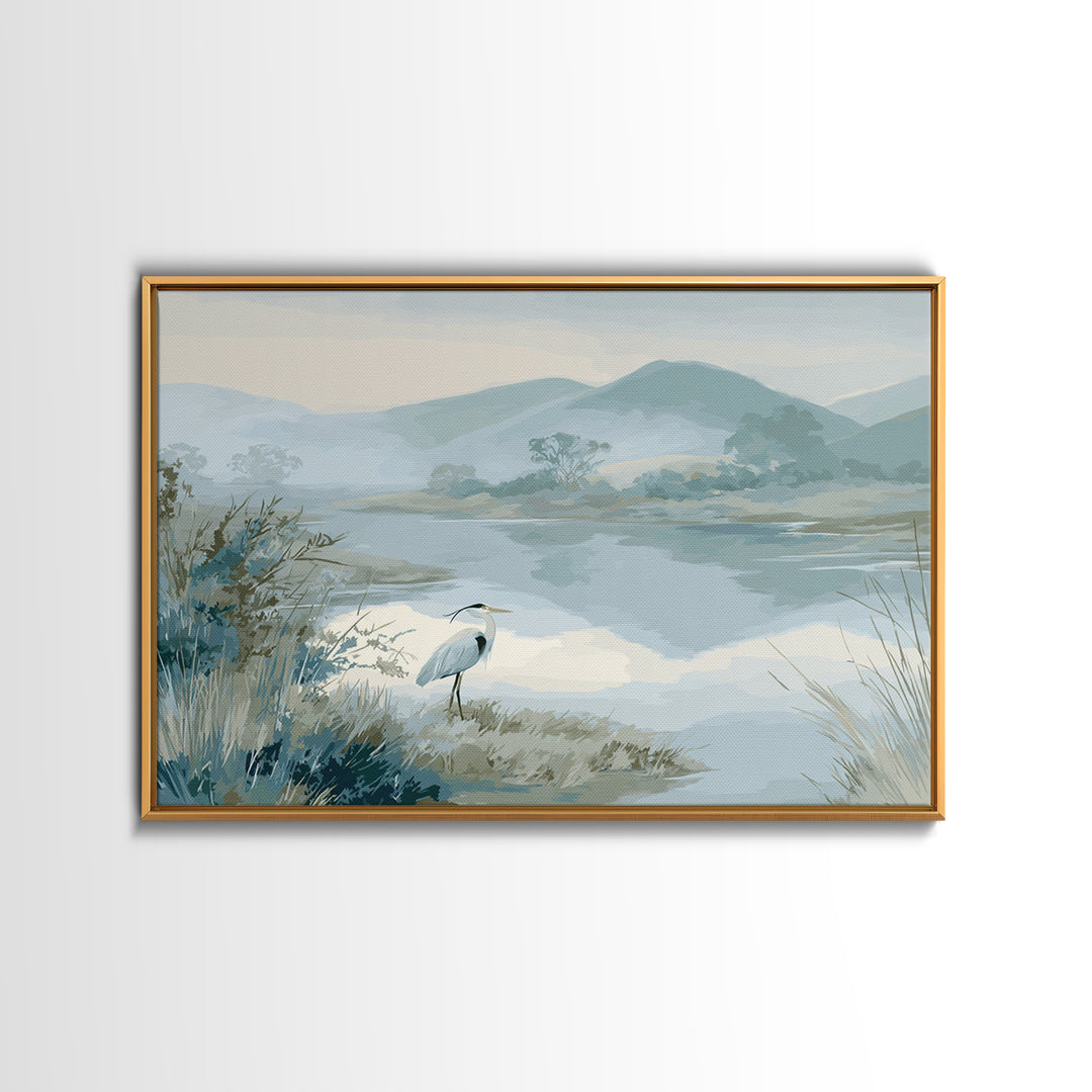 Blue Heron in Quiet Marsh Framed Canvas Print, Waiting Room Art, Landscape, Waiting Room Decor, Oil Painting, Calm, WRA-3x2-40