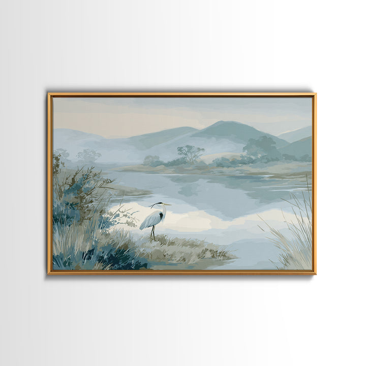 Blue Heron in Quiet Marsh Framed Canvas Print, Waiting Room Art, Landscape, Waiting Room Decor, Oil Painting, Calm, WRA-3x2-40