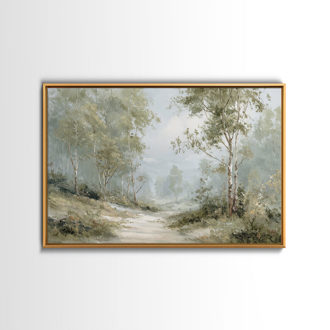 Misty Forest Path Framed Canvas Print, Waiting Room Art, Wall Sculpture, Waiting Room Decor, Oil Painting, Calm, Dog Wall Art, WRA-3x2-63
