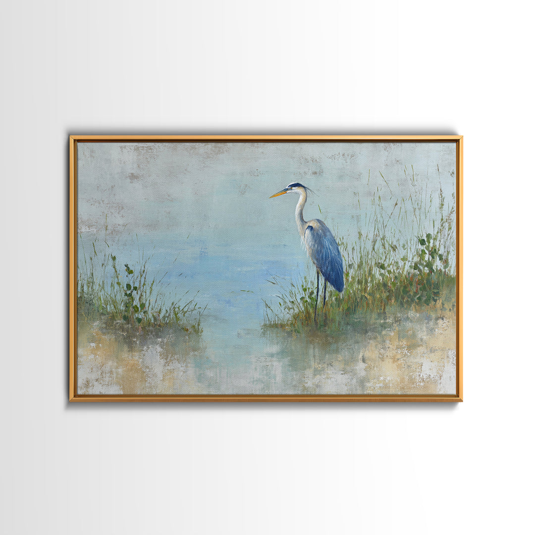 Blue Heron in Quiet Marsh Framed Canvas Print, Waiting Room Art, Gallery Decor, Waiting Room Decor, Abstract Art, Calm, WRA-3x2-64
