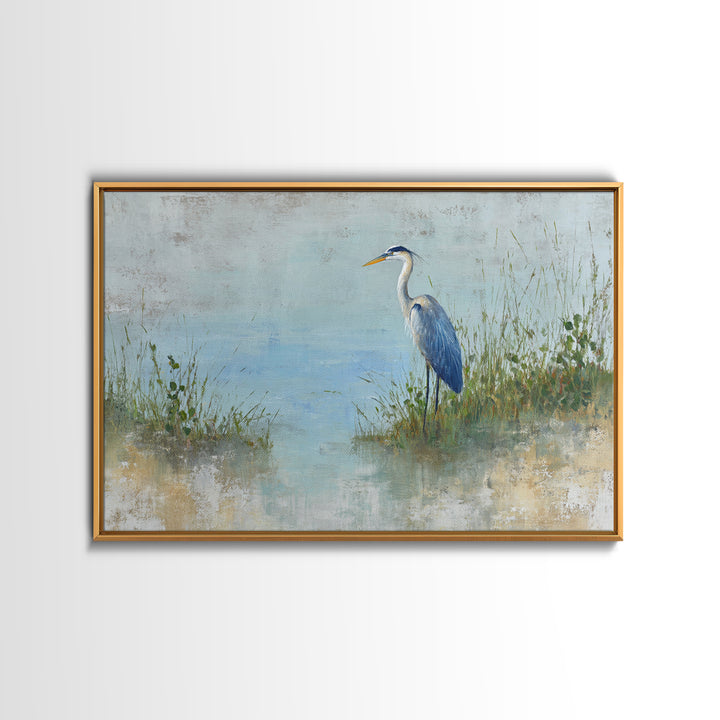 Blue Heron in Quiet Marsh Framed Canvas Print, Waiting Room Art, Gallery Decor, Waiting Room Decor, Abstract Art, Calm, WRA-3x2-64