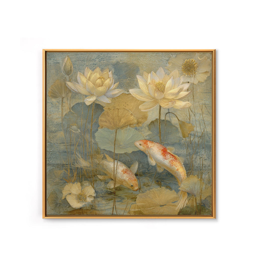Lotus and Koi Water Scene Framed Canvas Print, Yoga Studio Art, Minimalist Art, Yoga Studio Decor, Fine Art, Balance, YSA-1x1-46