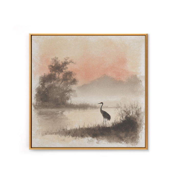 White Crane in Misty Morning Framed Canvas Print, Yoga Studio Art, Gym Art, Yoga Studio Decor, Balance, Minimalist Decor, YSA-1x1-63
