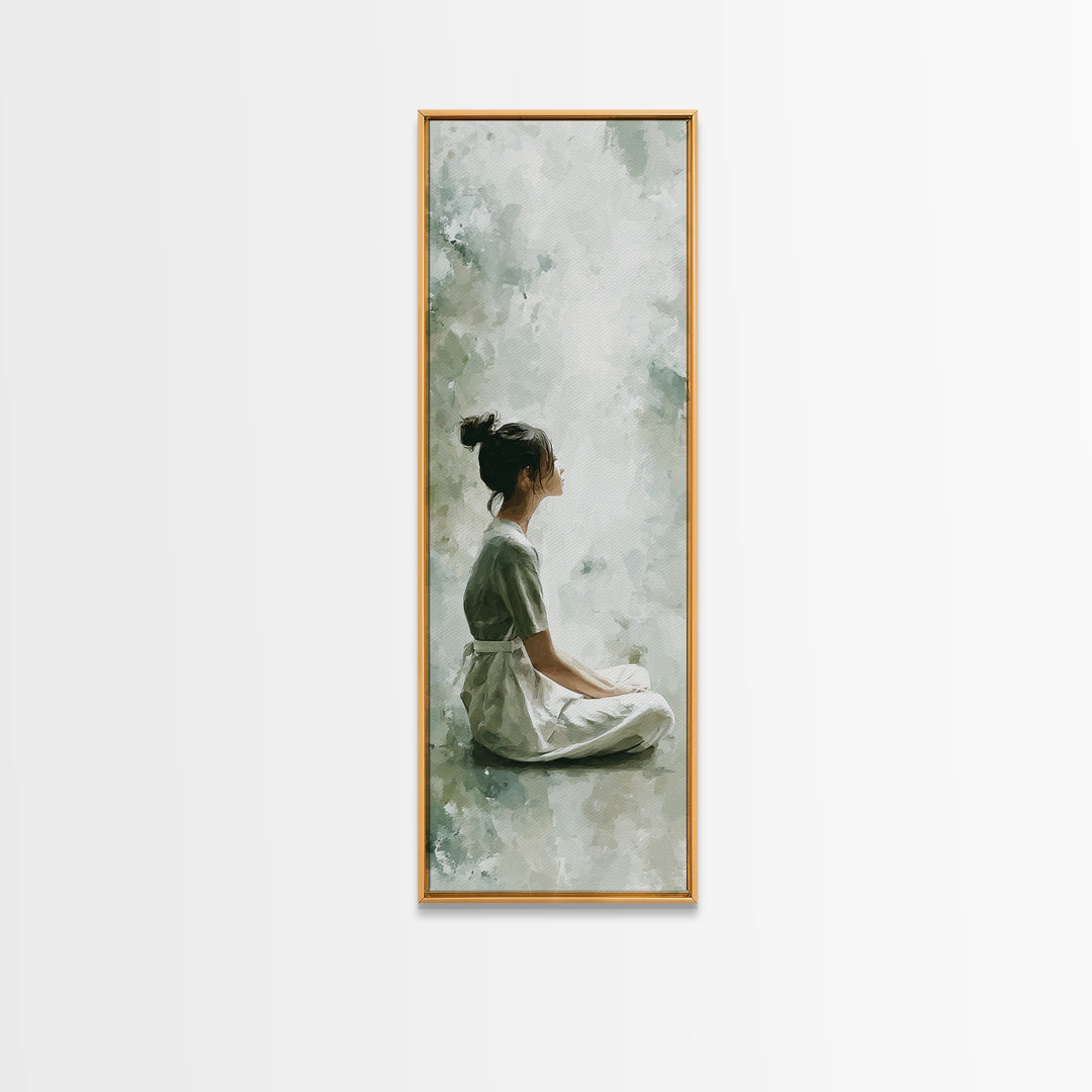Soft Watercolor Aura Around Seated Figure Framed Canvas Print, Yoga Studio Art, Mandala Wall Art, Yoga Studio Decor, Balance, YSA-1x3-83
