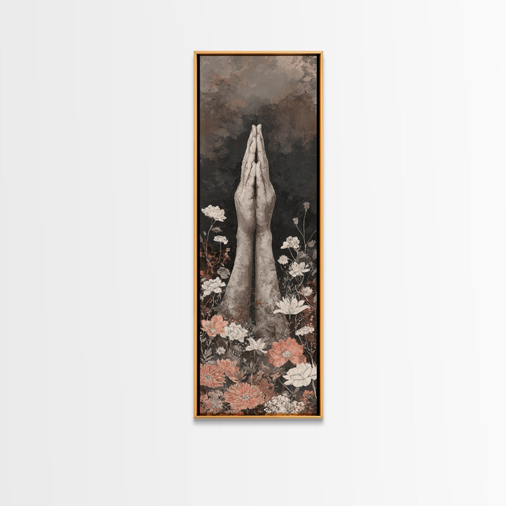 Yoga Hands in Prayer with Small Flowers Canvas Print, Yoga Studio Art, Feminine Wall Art, Yoga Studio Decor, Oil Painting, YSA-1x3-95